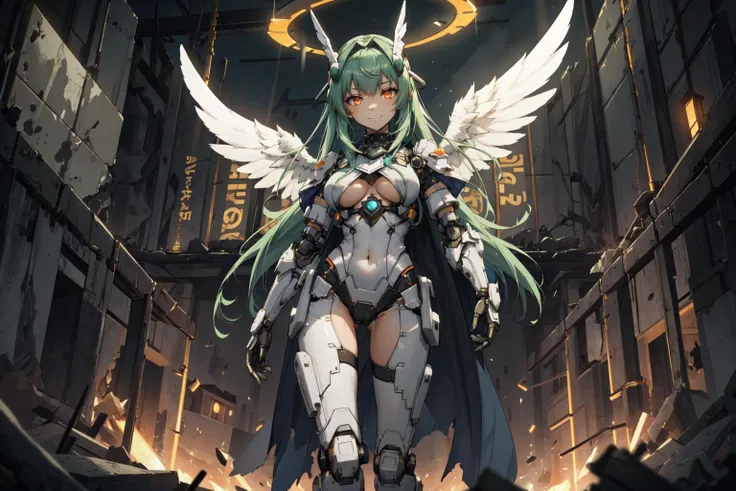 highres, highest quallity, 1girl, adult, solo_focus, solo, (sexy, beautiful woman, perfect face, perfect eyes, perfect female body, kkw-h-bb)1.5, (hypnotized:1.2), green_hair, orange_eyes, swept bang, mecha musume, robot joints, headgear, black_theme, standing, night, ruins, neon trim, neon lights, underboob, glowing_eyes,android, neon_wings, light_smile, greaves, pauldrons, white cape, medic, arm sling, first aid kit, armor, armored leotard, wing ornament,