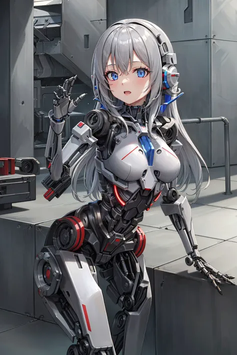   girl ,girl 12 year old  , futuristic nurse suit dress , red canon,flat  chest ,short black hair frinje ,(loli body), mechanic-headband, purple , best quality, 8k ,nurse uniform , Cyborg arms. Mechanical Limbs Metal,  Mechanical legs .Power cablles conected in machine. Circuitos  