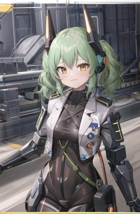 masterpiece, best quality, 1girl, medium hair, neon green hair, messy hair, twintails, medium breasts, orange eyes, detailed eyes, bloom, <lora:hair_intakes:-1>  (lab coat), high detail, high resolution, fine details, maximalism, detailed background, (:3:1.5) <lora:Smug:1> smug  <lora:T88[mecha musume, mechanical parts, robot joints,android,mechanical body,headgear]:0.5> mecha musume, mechanical parts, robot joints,android,mechanical body,headgear, laboratory background