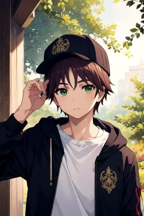 masterpiece, best quality, illustration, 1boy, solo, male focus, looking at viewer, upper body, , , realistic, <lora:tasuku_yamane:0.70>, tasuku_yamane, brown hair, green eyes, zip-up hoodie, caps, ancient greece, HDR