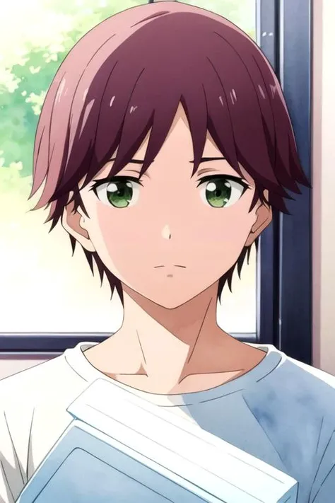 masterpiece, best quality, illustration, 1boy, solo, male focus, looking at viewer, , depth of field, (watercolor illustration, soft pastel colors:1.1), realistic, <lora:tasuku_yamane:0.72>, tasuku_yamane, brown hair, green eyes