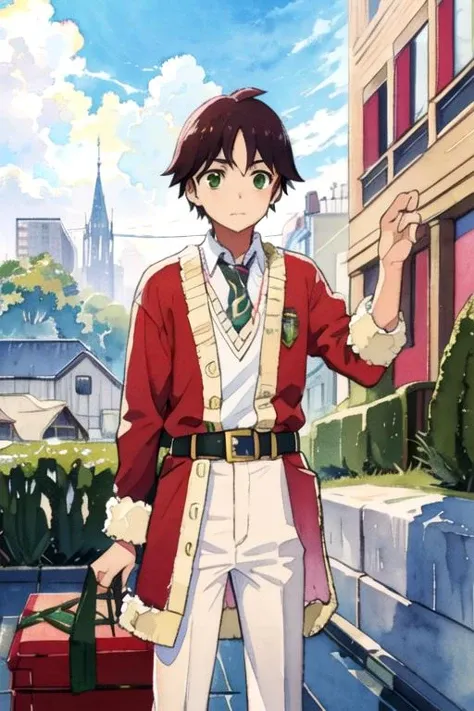 masterpiece, best quality, movie still, 1boy, solo, male focus, looking at viewer, , depth of field, (watercolor illustration, soft pastel colors:1.1), , <lora:tasuku_yamane:0.68>, tasuku_yamane, brown hair, green eyes, santa claus costume, science fiction alternate history, High resolution