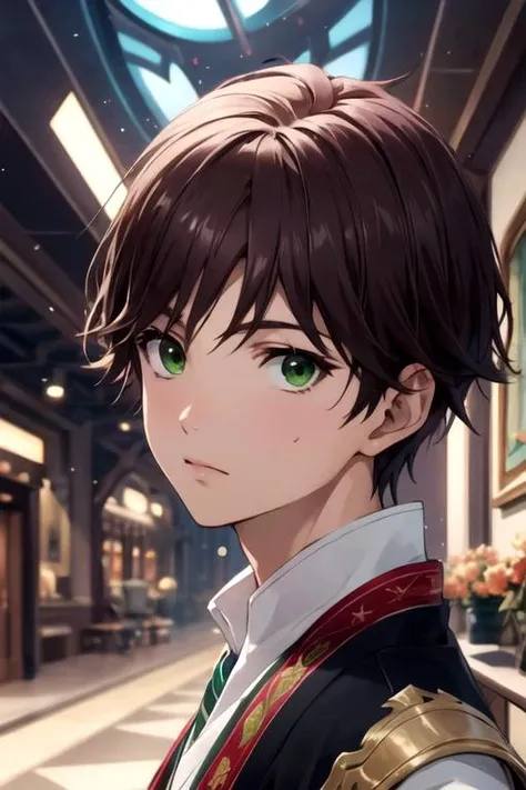 masterpiece, best quality, photorealistic, 1boy, solo, male focus, looking at viewer, upper body, depth of field, anime coloring, , <lora:tasuku_yamane:0.74>, tasuku_yamane, brown hair, green eyes, , Xanadu: A magical kingdom ruled by a wise and benevolent queen, 4k resolution