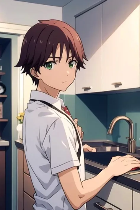 masterpiece, best quality, wallpaper, 1boy, solo, male focus, looking at viewer, , , anime coloring, realistic, <lora:tasuku_yamane:0.68>, tasuku_yamane, brown hair, green eyes, geek costume, kitchen,