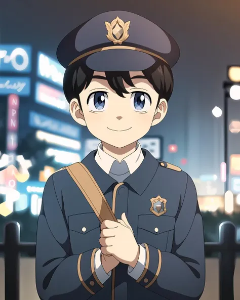 masterpiece, best quality, 1boy, tachibana, police hat, police uniform, badge, smile, kawaii, bokeh, city lights, <lora:NaotoV1:0.9>