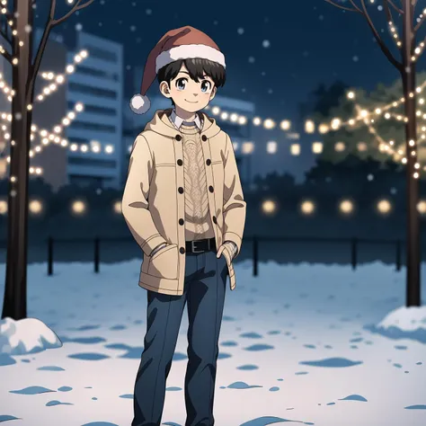 masterpiece, best quality, 1boy, tachibana, christmas sweater, long sleeves, santa hat,happy, hands in pockets, bokeh, city park, night time, festive, christmas lights, snow on ground,   <lora:NaotoV1A2:0.9>