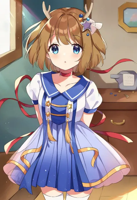 masterpiece,best quality,very aesthetic,score_9,score_8_up,score_7,1girl,indoors,source_anime,narrow waist,kano_singer_v1,1girl,short hair,brown hair,blue eyes,shrot sleeves,hair ornament,choker,bangs,dress,puffy sleeves,puffy short sleeves,skirt,white thighhighs,collarbone,dear ears,star hair ornament,sailor collar,antlers,<lora:kano_singer_pony:0.8>,arms behind back,