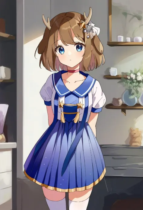 masterpiece,best quality,very aesthetic,score_9,score_8_up,score_7,1girl,indoors,source_anime,narrow waist,kano_singer_v1,1girl,short hair,brown hair,blue eyes,shrot sleeves,hair ornament,choker,bangs,dress,puffy sleeves,puffy short sleeves,skirt,white thighhighs,collarbone,dear ears,star hair ornament,sailor collar,antlers,<lora:kano_singer_pony:0.8>,arms behind back,