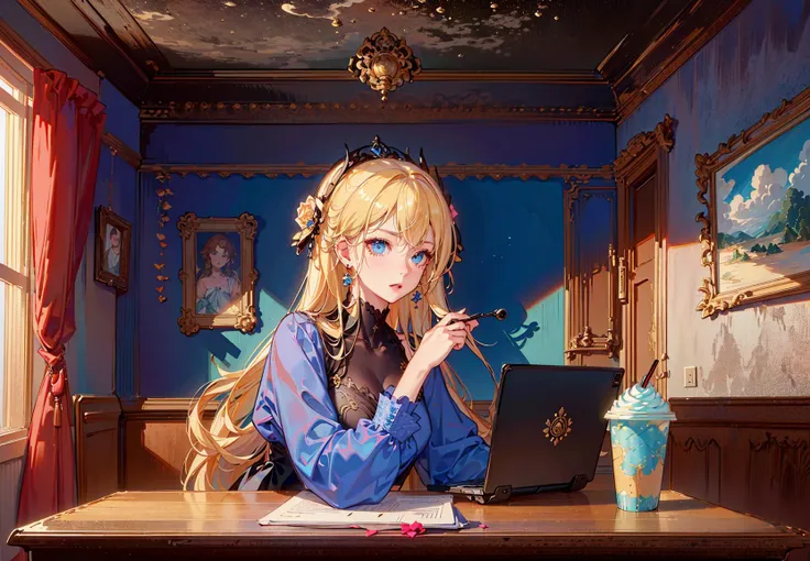 (masterpiece, best quality, ultra detailed, ultra HD:1.2), 1girl, solo, cute face, high detailed face, blonde hair, long hair, hair spread out, hairpin, blue eyes, red earrings, (full detailed eyes:1.2), (good anatomy:1.1), bust, looking side, serious, chin rest, indoors, evening, sitting, bedroom, laptop, coffee cup on table,