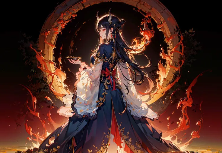 (extremely detailed CG unity 8k wallpaper,masterpiece, best quality, ultra-detailed),(best illumination, best shadow),((vanishing_point)), full body,1girl, white long hair, red eyes, red eyeliner, demon_horns, evil_grin, half closed eyes, Look back,crescent_earrings, ((fire)), an extremely delicate and beautiful clothes, red moon, ruins,