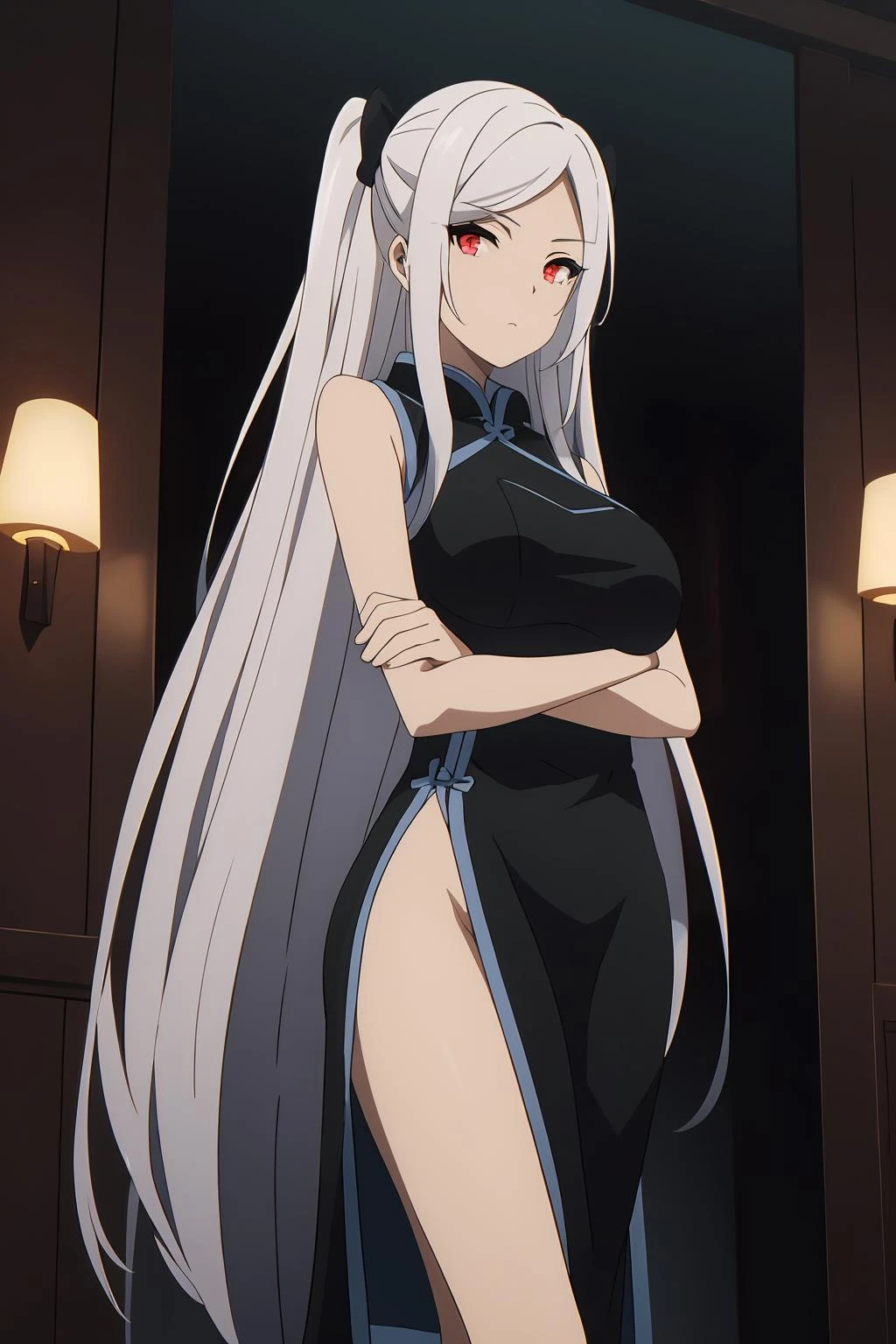 crossed arms,standing,expressionless,from side,side slit,(nsfw:1.2),looking at viewer,
<lora:é¿è±å
西äºÂ·ç±³å¾·åå°1V:0.6>,é¿è±å
西äºÂ·ç±³å¾·åå°,1girl,solo,long hair,white hair,sidelocks,very long hair,bangs,twintails,hair ornament,red eyes,black bow,hair bow,parted bangs,two side up,
collared dress,large breasts,china dress,sleeveless dress,black dress,sleeveless,, Exquisite visuals, high-definition,masterpiece,best quality,, 18yo,Young female,Beautiful Fingers,Beautiful long legs,Beautiful body,Beautiful Nose,Beautiful character design, perfect eyes, perfect face,expressive eyes,
looking at viewer,
official art,extremely detailed CG unity 8k wallpaper, perfect lighting,Colorful, Bright_Front_face_Lighting,shiny skin,
(masterpiece:1.0),(best_quality:1.0), ultra high res,4K,ultra-detailed,
photography, 8K, HDR, highres, absurdres:1.2, Kodak portra 400, film grain, blurry background, bokeh:1.2, lens flare, (vibrant_color:1.2), (beautiful_face:1.5),(narrow_waist), ,NSFW,