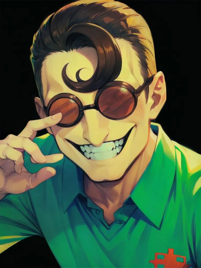 1boy,
gojou_masaru,grin,solo,bangs, smile, pince-nez, brown hair, no eyes, <lora:gojou_masaru_v1.0:1>glasses, school uniform,