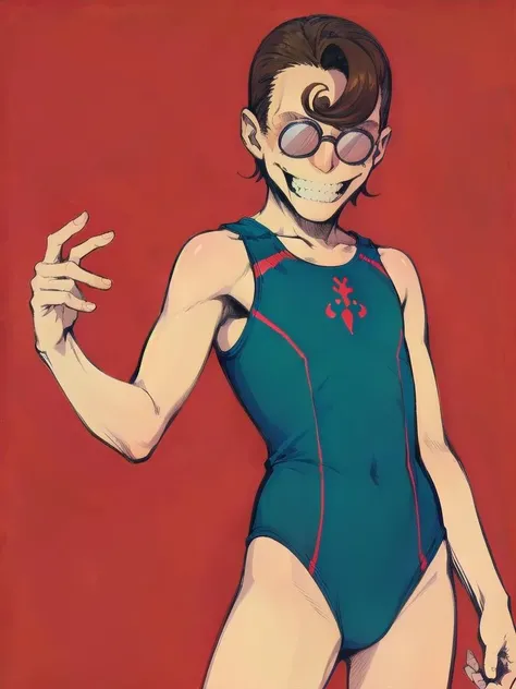 1boy,
gojou_masaru,grin,solo,bangs, smile, pince-nez, brown hair, no eyes, <lora:gojou_masaru_v1.0:1>glasses, swimsuit,