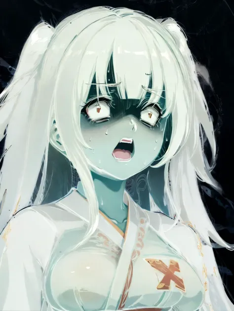 absurdres, highres, ultra detailed, megami magazine, upper body, face focus, close-up, simple background,
1girl, white hair, blunt bangs, long hair, disheveled hair, kimono, japanese clothes, pale skin, standing, large breasts, surprised, blank eyes, open mouth, sweat, shaded face,
<lora:Creversal_Both22222_8:1.5> <lora:menositanikuma2:1> <lora:SurprisedBlankEyes_v1.2:0.9>