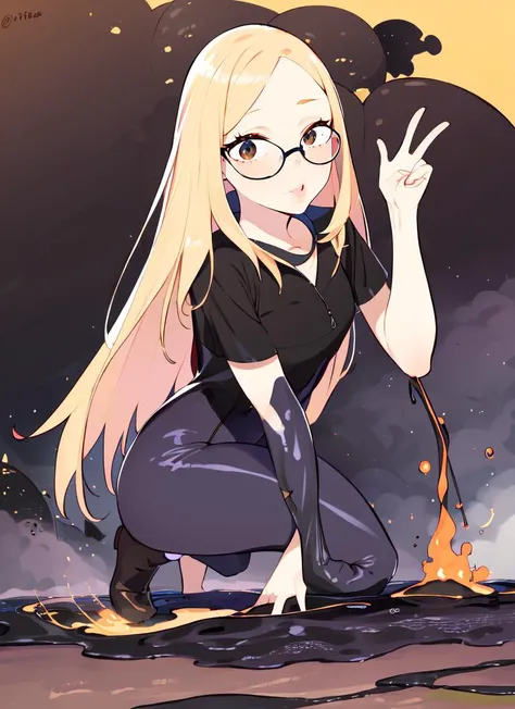 ((best quality)), ((highly detailed)), masterpiece, absurdres, detailed face, beautiful face, (detailed eyes, deep eyes), (1girl), (glasses), reflection, dynamic pose, full body, ((wide shot)), <lora:mha_utsushimi:1>, utsushimi camie, blonde hair, brown eyes, parted lips, t-shirt, cleavage, pants, (outdoors, on an active volcano, midday), <lora:beijuu-AOM3-LoCon:1>