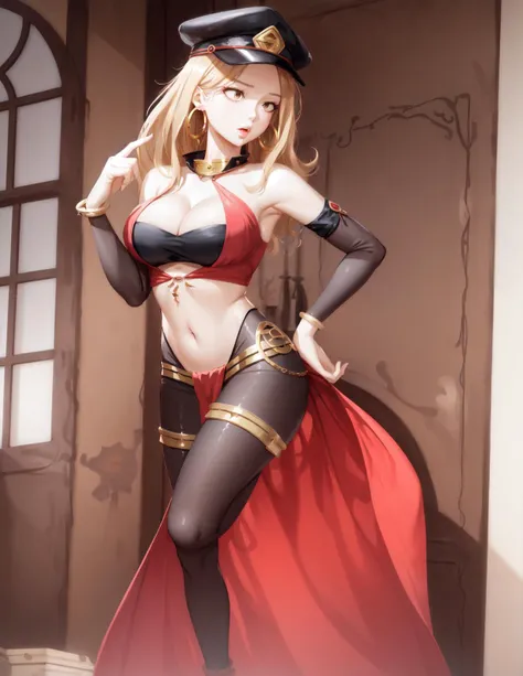 masterpiece, best quality, beautiful woman, full body, detailed hairstyle, ompletly sweated, hoop earrings, golf bangle, choker, mature female, indoors, <lora:mha_utsushimi:1> utsushimi camie, peaked cap, large breasts, cleavage, open clothes, blonde hair, <lora:plegian-outfit-fe-richy-v1:1> plegian, bodystocking, midriff, navel