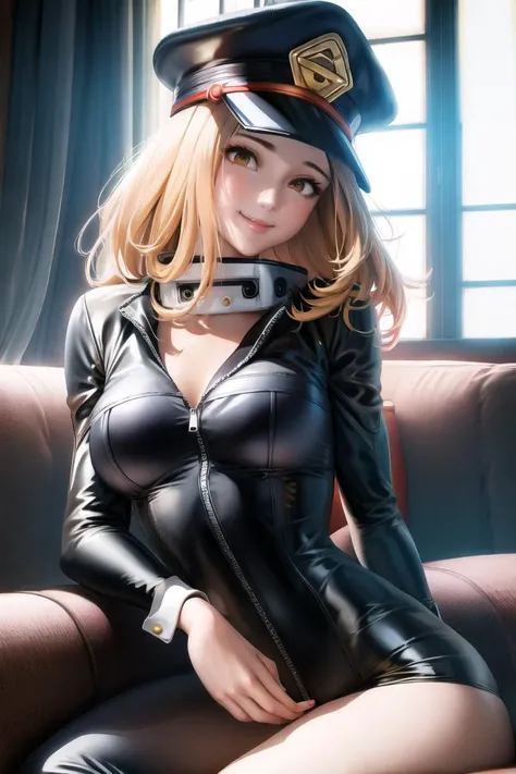 (masterpiece:1.3), best quality, ultra-detailed, <lora:mha_utsushimi-10:0.7>, solo, 1girl, utsushimi kemii, smile, closed mouth, looking at viewer, sitting in a chair, hand on own chest, hat, black bodysuit<lora:sakimichanStyle_v15:0.7>, sakimichan