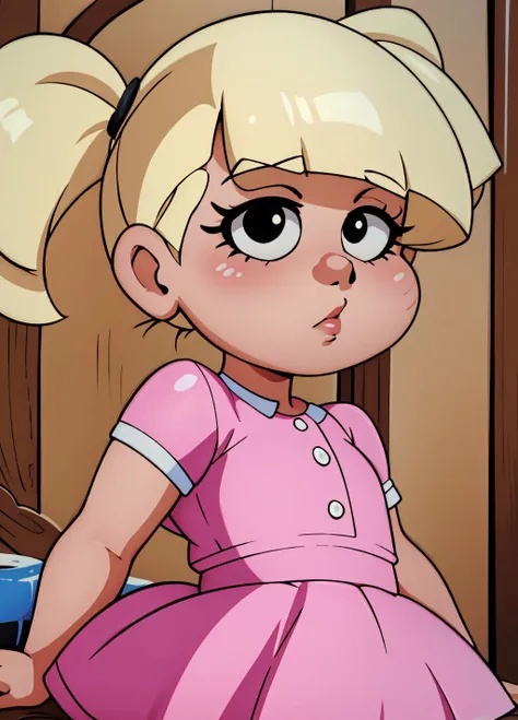 masterpiece, best quality, detailed, chiby, absuredres, MaryLouiseDahl, blond hair, pink dress, black eyes, <lora:maryLouiseDahlBabyDoll_v10:0.7>, collected hair, two pigtails, <lora:bayeuxman:1>