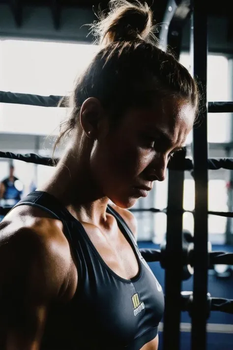 + A photo of a focused athlete, intensity in her eyes, network boxing glosses, determined expression, sweet-glistened skin, dark gym backup, raw determination, close-up, ambient gym lighting, willow depth of field, Nikon D850, 1/160s, f/2.8, ISO 640, capturing emotion, athletic form, high-resolution, dramatic atmosphere.