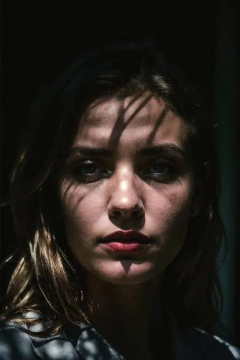 8k, RAW Editorial Photo,
Craft a mesmerizing portrait in a softly lit dark room, complete dark room, where only the girl's eyes are visible, gently illuminated by soft sunrays that glow on her face. Position her against a dark, soft light on face, . Use a Canon EOS R6 with a 50mm f/1.8 lens at f/2.8 to ensure clarity and depth, focusing on her eyes and the subtle play of light that enhances the emotional depth of the portrait. high contrasts, dark, moody. casting shadow style, cucoloris patterned illumination