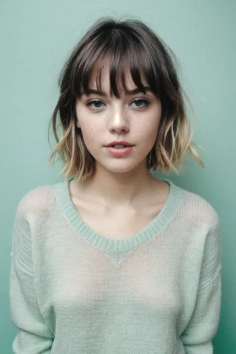 1girl, pretty face, (freckles:0.5), manic pixie, light hair, sweater, nose, seductive, FOV medium shot, simple pastel green background,
