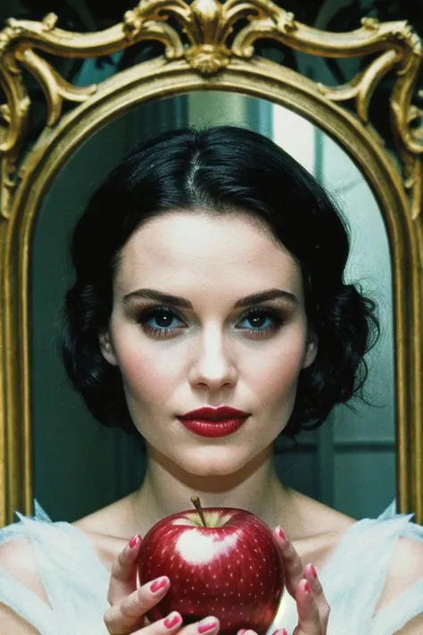 award winning photo, snow white in the magic mirror, beautiful, perfect face, film grain, (pretty eyes:0.1), (delicate hands:0.3) holding an apple