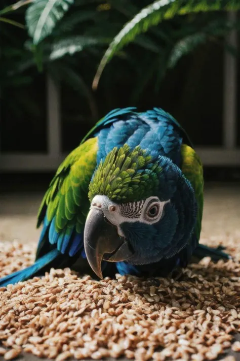 8k, RAW editorial photo, vivid Parrot in artificial jungle, seed remnants by the Parrot 's feet, Victorian estate enclosure, reflections of ornate furniture in glass, behind-the-glass perspective, vibrant parrot colors, perfect highly detailed large reflective black-orb eyes, lush green foliage, diffused lighting enhances colors, tactile definition, incredible sharp focus, intricate feather patterns, subtle textures, ornate Victorian furniture reflections confirm indoor scene, modern National Geographic clarity, Victorian era charm, timelessly elegant, strikingly vivid, masterful composition, depth of field focuses on Parrot, background hints artificial confinement, natural beauty and human craftsmanship, visual storytelling masterpiece Parrot is in various random natural poses. looks at viewer, cinematic shot, hard shadows, professional photo, complex, ultra-detailed, cinematic lighting, masterpiece, moody, dramatic, sharp focus, motion blur, noise, lens effects, scene by tradtional and contemporary artists collaborating on subject matter, analog photography, award winning photo, depth of field, bokeh, ultra-detailed background, hard shadows, ray tracing, random angle shot, perfect textures, tactile textures, perfect skin texture, birdseed on ground, partly eaten grapes on ground