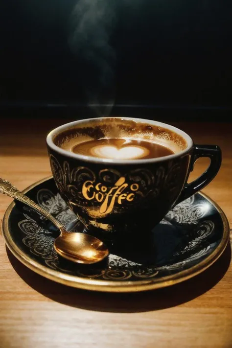 HDR photo of golden cup of coffee with black coffee, intricate details, fractal art, Calligraphy, Petros Afshar, tilt shift shot, . High dynamic range, vivid, rich details, clear shadows and highlights, realistic, intense, enhanced contrast, highly detailed, gold filigree