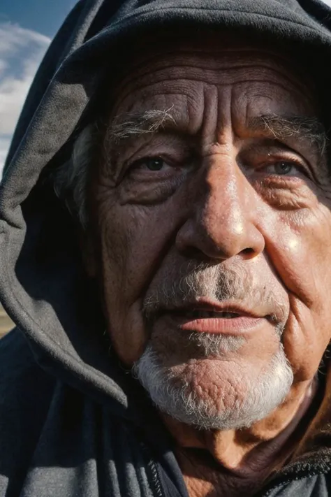 A close-up of an elderly man's face, emphasizing his deep-set eyes, wrinkled skin, and gray beard. He is wearing a weathered, dark-colored hooded cloak that appears to be made of worn-out fabric. The hood is slightly pulled down, casting shadows on his forehead and cheeks. The background is blurred, but it seems to be an overcast or gloomy environment, possibly suggesting a cold or rainy day.