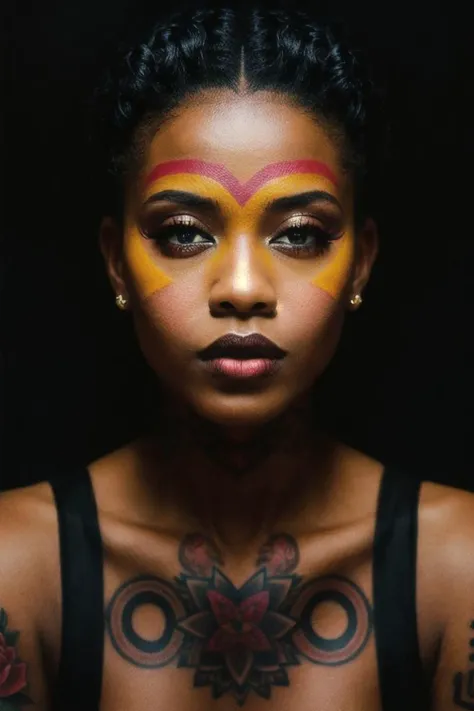 stunning artwork,
80s portrait of a 1980s, Ebony female, symmetrical african female portrait, beautiful makeup, full tattooed, black background, side soft light, highly detailed, melancholic, masterpiece Photography in the style of Oleg Dou, soft light hyper clean photography, (((Oleg Dou photography style)))