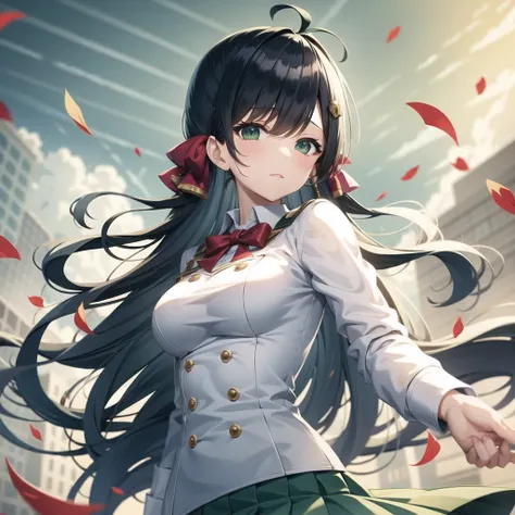 masterpiece, white shirt, green skirt ,red tie, red hair ribbon, 8k, lin, black hair,