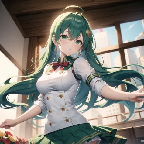 masterpiece, white shirt, green skirt ,red tie, red hair ribbon, white stockings, 8k, lin, green hair