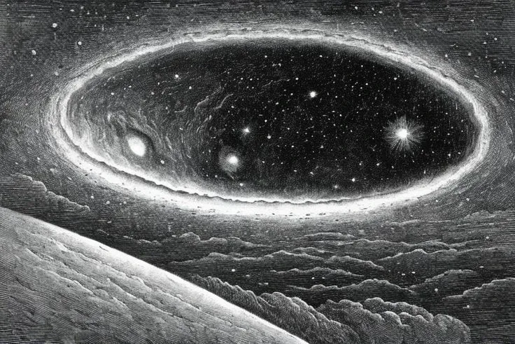 gustavedore realistic illustration of panoramic view of the univers, planet , nebula , galaxy ,detailed, realistic, intricate, <lora:gustavedore:0.9>