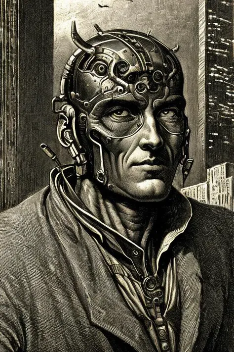 realistic illustration portrait of a cyborg ,( close up:1.1) , in a futuristic (cyberpunk:1.2) city, flying cars, robots and decadence, gustavedore style <lora:gustavedore2:1.0>