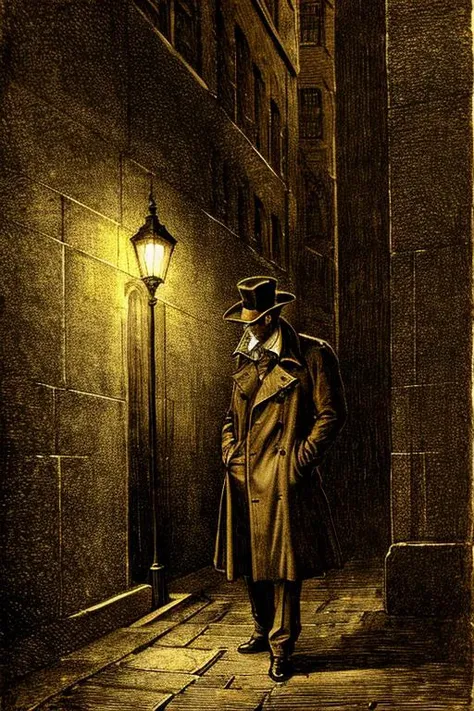 gustavedore draw style , realistic illustration of a detective wearing (trench coat:1.1) and hat , in a victorian london city at night, epic lighting, cinematic lighting, high res, (detailed image:1), insane details, (highly detailed:1.2) <lora:gustavedore2:1.1>