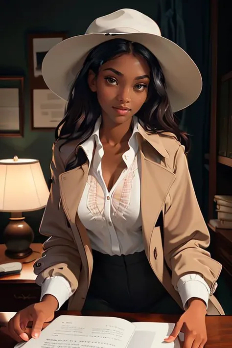 Merger_carter_monnynMK2,
a 1940s private investigator wearing a trench coat and rimmed hat sitting in a drab dank office at the desk using a typewriter, private investigator, 1940s,
bokeh, f1.4, 40mm, photorealistic, raw, 8k, textured skin, skin pores, intricate details <lora:epi_noiseoffset2:1>, epiCRealism