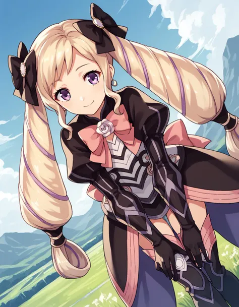 score_9, score_8_up, score_7_up, source_anime,
fireemblemelise, <lora:fire-emblem-elise-ponyxl-lora-nochekaiser:1>,
elise, blonde hair, long hair, purple eyes, purple hair, twintails, hair bow,
boots, bow, dress, earrings, gloves, high heel boots, high heels, jewelry, ribbon, thigh boots, thighhighs, zettai ryouiki, juliet sleeves, puffy sleeves,
outdoors, landscape, bent over, smile,
looking at viewer, solo, cowboy shot, dutch angle,