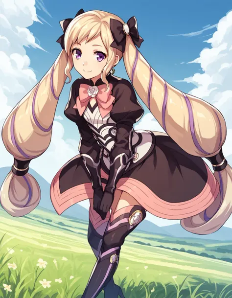 score_9, score_8_up, score_7_up, source_anime,
fireemblemelise, <lora:fire-emblem-elise-ponyxl-lora-nochekaiser:1>,
elise, blonde hair, long hair, purple eyes, purple hair, twintails, hair bow,
boots, bow, dress, earrings, gloves, high heel boots, high heels, jewelry, ribbon, thigh boots, thighhighs, zettai ryouiki, juliet sleeves, puffy sleeves,
outdoors, landscape, bent over, smile,
looking at viewer, solo, cowboy shot, dutch angle,