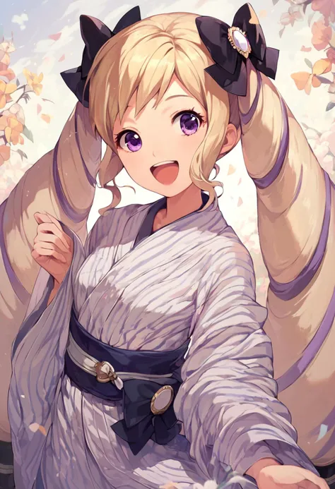 score_9, score_8_up, score_7_up, high resolution, masterpiece, high quality, best quality, highly detailed,  1girl, solo focus,  <lora:fire-emblem-elise-ponyxl-lora-nochekaiser:1>, elise, blonde hair, long hair, purple eyes, purple hair, twintails, hair bow,  small breasts, happy,  yukata