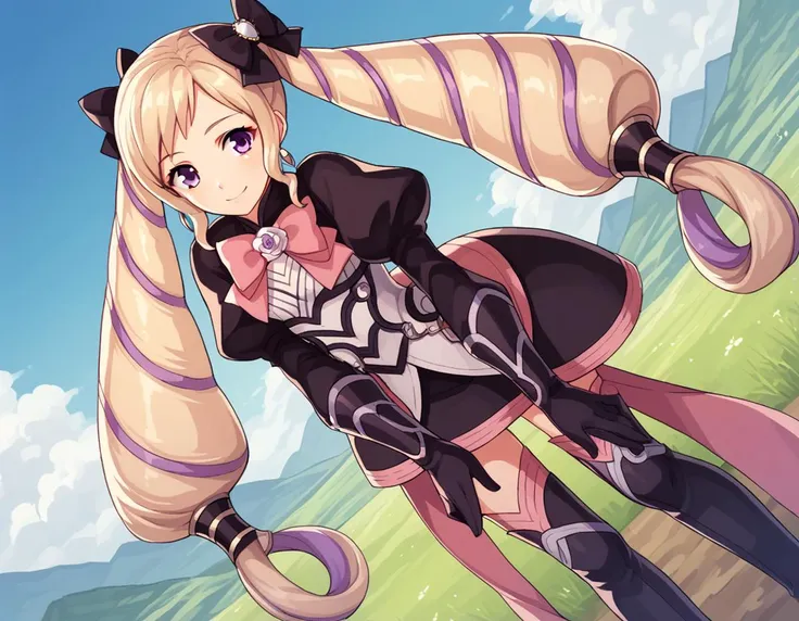 score_9, score_8_up, score_7_up, source_anime,
fireemblemelise, <lora:fire-emblem-elise-ponyxl-lora-nochekaiser:1>,
elise, blonde hair, long hair, purple eyes, purple hair, twintails, hair bow,
boots, bow, dress, earrings, gloves, high heel boots, high heels, jewelry, ribbon, thigh boots, thighhighs, zettai ryouiki, juliet sleeves, puffy sleeves,
outdoors, landscape, bent over, smile,
looking at viewer, solo, cowboy shot, dutch angle,