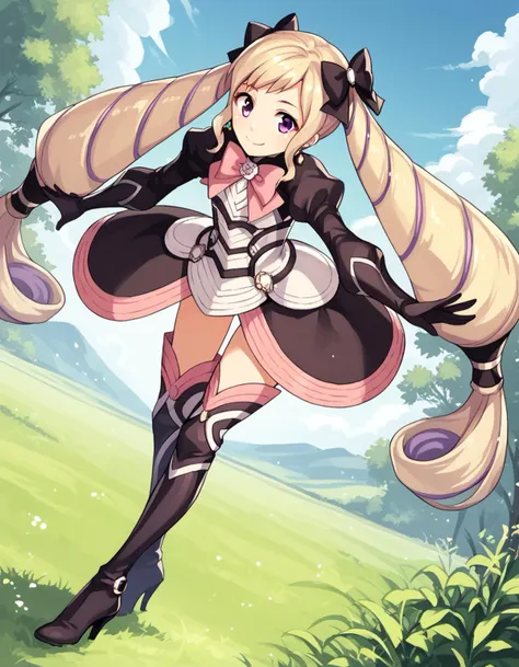 score_9, score_8_up, score_7_up, source_anime,
fireemblemelise, <lora:fire-emblem-elise-ponyxl-lora-nochekaiser:1>,
elise, blonde hair, long hair, purple eyes, purple hair, twintails, hair bow,
boots, bow, dress, earrings, gloves, high heel boots, high heels, jewelry, ribbon, thigh boots, thighhighs, zettai ryouiki, juliet sleeves, puffy sleeves,
outdoors, landscape, bent over, smile,
looking at viewer, solo, cowboy shot, dutch angle,