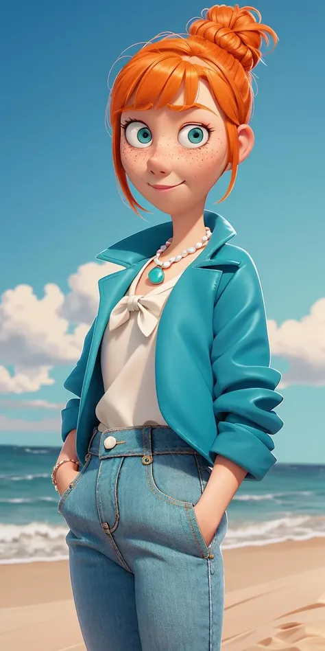 1girl, Orange hair in a bun, green eyes, slight smirk, freckles on cheeks, thin eyebrows, white necklace with a bow, teal jacket, pale skin, standing, cartoon, (pixar:1.2), Lucy Wilde, ocean, sand, sun, <lora:Lucy_Wilde:1>, long nose, bangs, jeans,