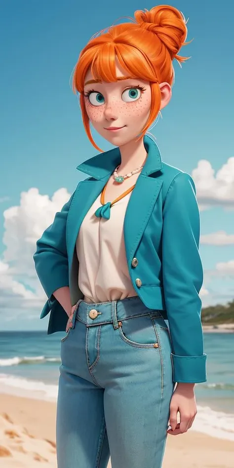 1girl, Orange hair in a bun, green eyes, slight smirk, freckles on cheeks, thin eyebrows, white necklace with a bow, teal jacket, pale skin, standing, Lucy Wilde, ocean, sand, palms, sun, <lora:Lucy_Wilde:1>, long nose, bangs, jeans,