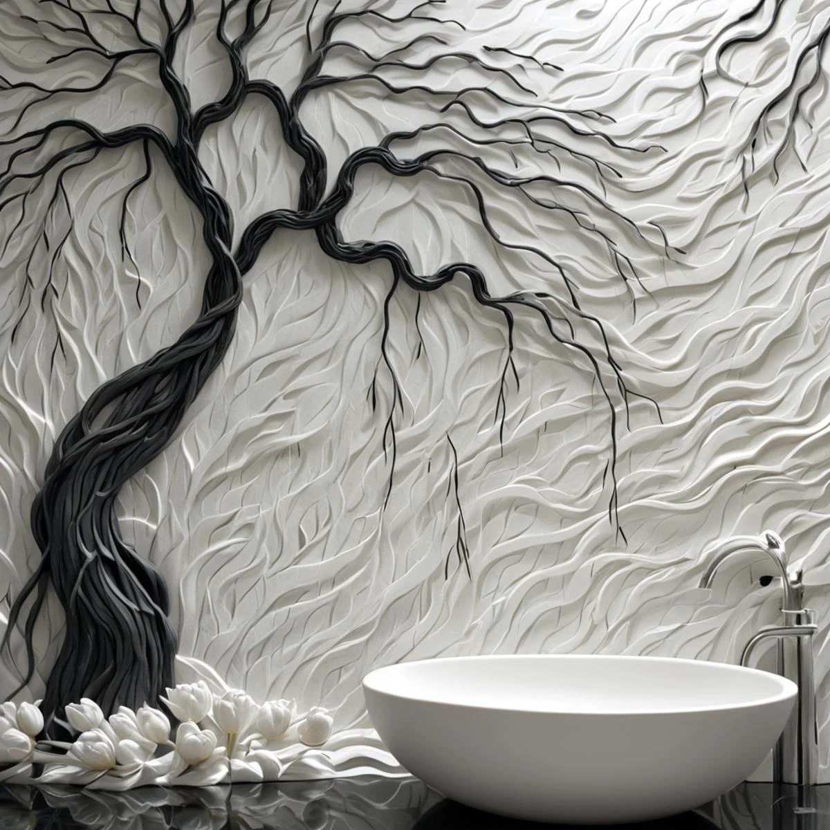 <lora:artfullyTULIPWILLOW_SDXL_V1:1>, arttlpwllw, carved relief, 3d, sculpture, exquisite, black and white, elegant, minimal, decadence, beautiful,willow and tulip, clouds, water, flowers, roots and trunk entertwined, repeating pattern, tiled, bathroom walls