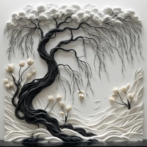 <lora:artfullyTULIPWILLOW_SDXL_V1:1>, arttlpwllw, carved relief, 3d, sculpture, exquisite, black and white, elegant, minimal, decadence, beautiful,willow and tulip, clouds, water, flowers, roots and trunk entertwined,