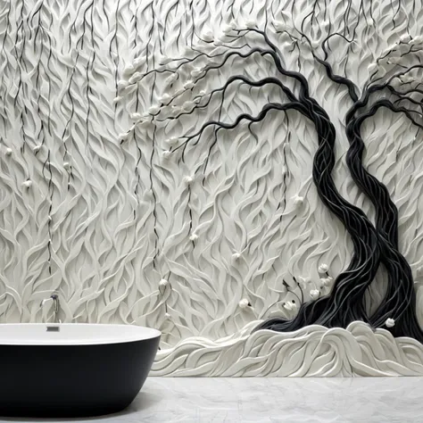 <lora:artfullyTULIPWILLOW_SDXL_V1:1>, arttlpwllw, carved relief, 3d, sculpture, exquisite, black and white, elegant, minimal, decadence, beautiful,willow and tulip, clouds, water, flowers, roots and trunk entertwined, repeating pattern, tiled, bathroom walls