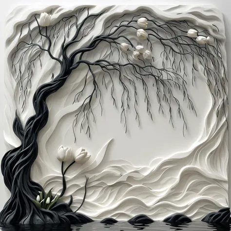 <lora:artfullyTULIPWILLOW_SDXL_V1:1>, arttlpwllw, carved relief, 3d, sculpture, exquisite, black and white, elegant, minimal, decadence, beautiful,willow and tulip, clouds, water, flowers, roots and trunk entertwined,