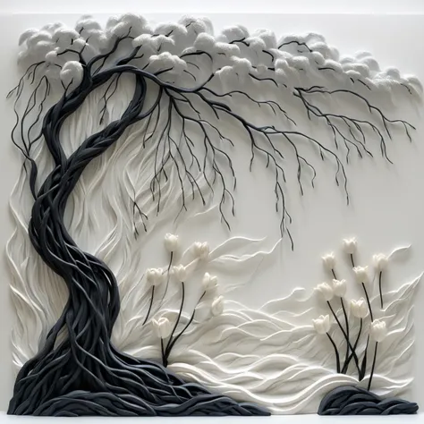 <lora:artfullyTULIPWILLOW_SDXL_V1:1>, arttlpwllw, carved relief, 3d, sculpture, exquisite, black and white, elegant, minimal, decadence, beautiful,willow and tulip, clouds, water, flowers, roots and trunk entertwined,