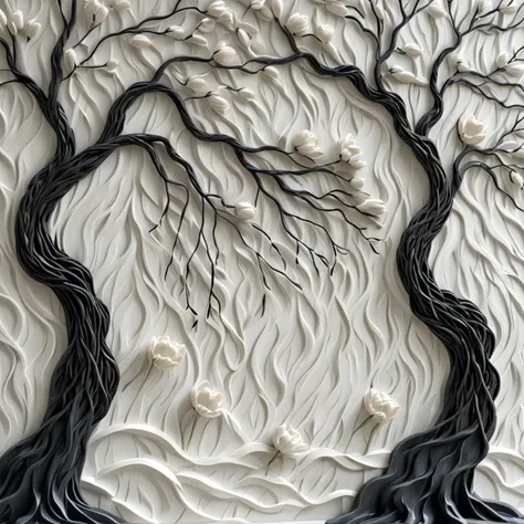 <lora:artfullyTULIPWILLOW_SDXL_V1:1>, arttlpwllw, carved relief, 3d, sculpture, exquisite, black and white, elegant, minimal, decadence, beautiful,willow and tulip, clouds, water, flowers, roots and trunk entertwined, repeating pattern, tiled, bathroom walls