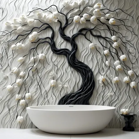 <lora:artfullyTULIPWILLOW_SDXL_V1:1>, arttlpwllw, carved relief, 3d, sculpture, exquisite, black and white, elegant, minimal, decadence, beautiful,willow and tulip, clouds, water, flowers, roots and trunk entertwined, repeating pattern, tiled, bathroom walls